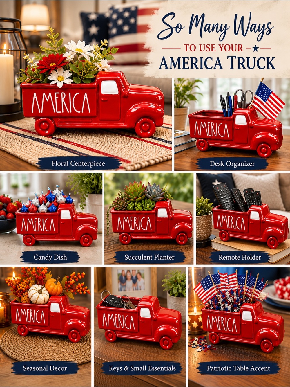 Rae Dunn AMERICA Ceramic Farmhouse Pickup Truck Planter Candle Vase Decor